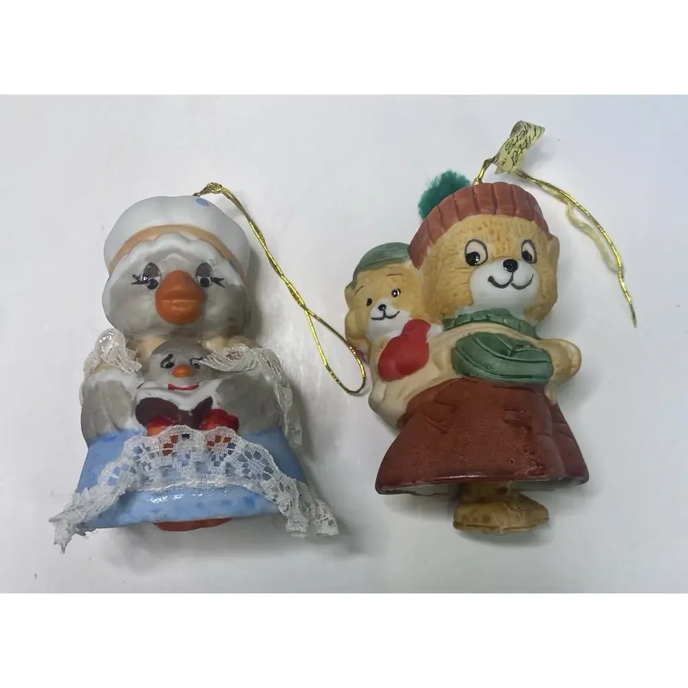 JASCO CARING CRITTER CHIMERS (5) Bisque Porcelain Bell Hand Painted Ornament VTG